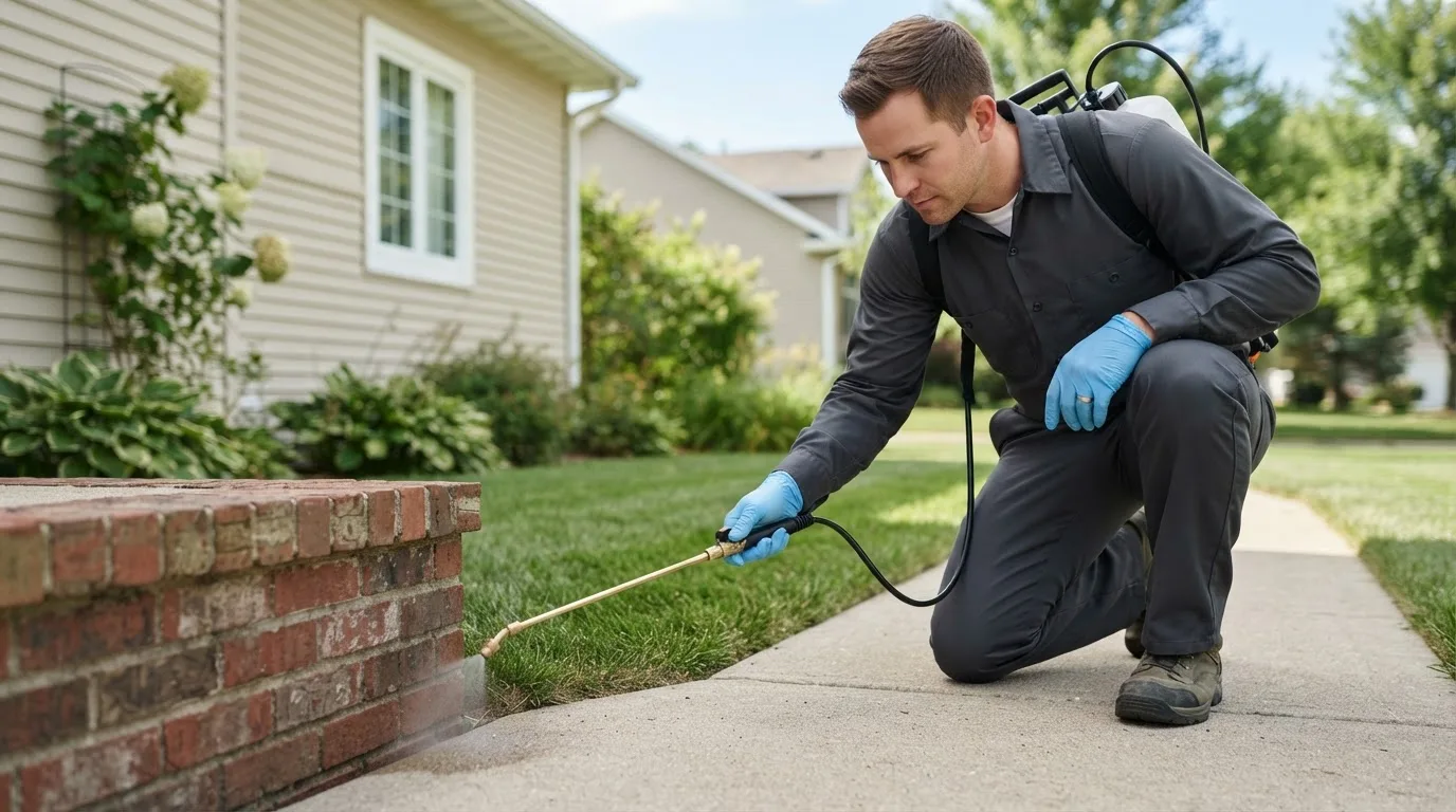 Pest control technician treating a home near Pottersville, MO