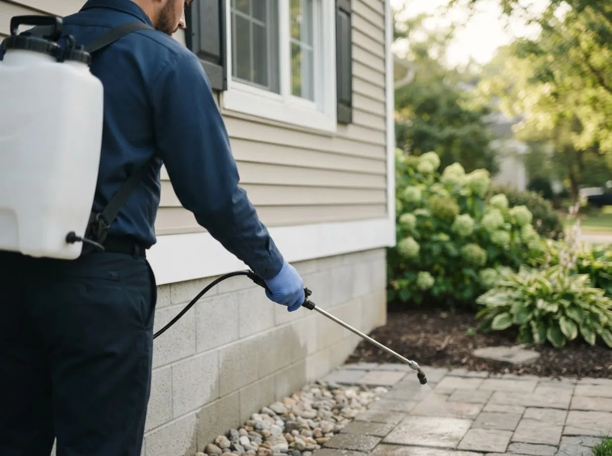 Pest control technician inspecting a home in Pottersville, MO